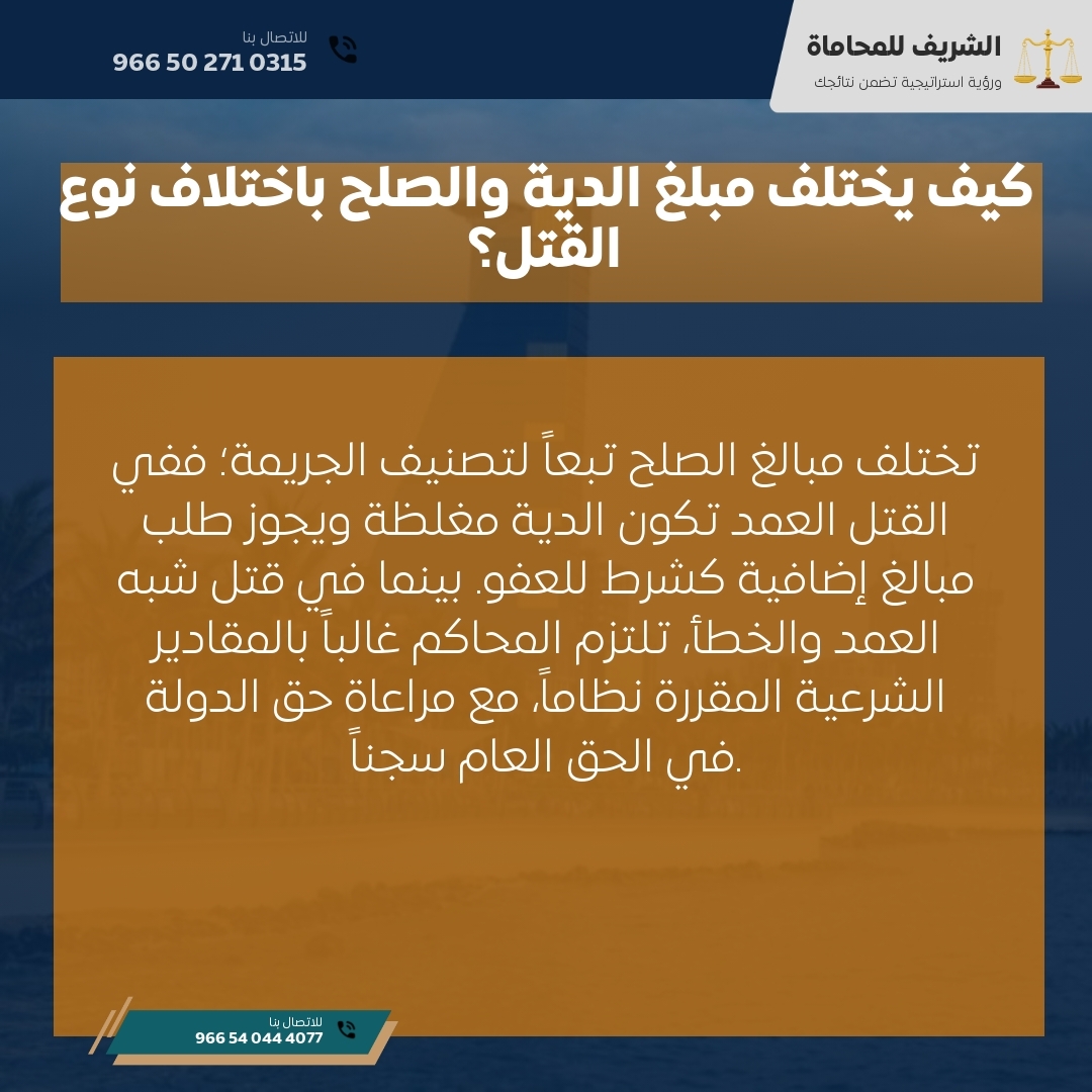 كيف يختلف مبلغ الدية والصلح باختلاف نوع القتل؟ كيف يختلف مبلغ الدية والصلح باختلاف نوع القتل؟
